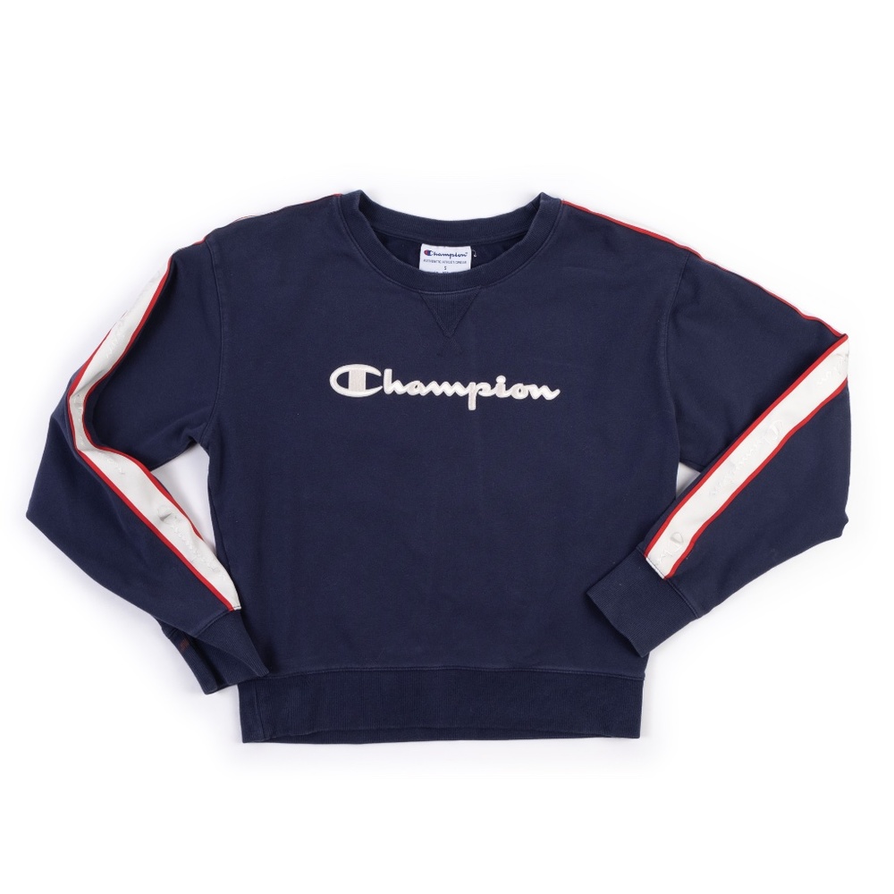 CHAMPION navy crewneck sweatshirt w/ arm stripes size S